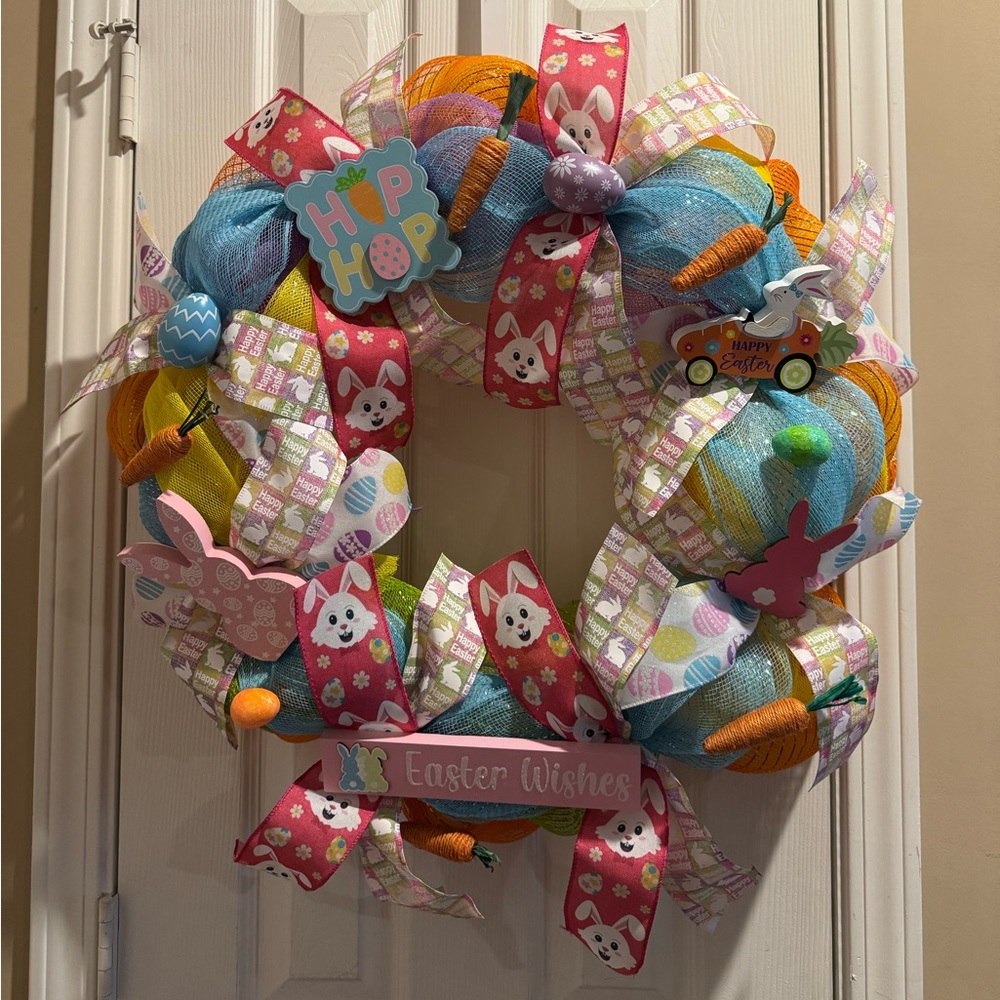 Easter Bunny Spring Wreath in Pastel Blue, Pink, Yellow & Orange